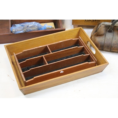 435 - White enamel bread bin, Victorian CDV empty album, three wooden trays / cutlery trays, gladstone sty... 