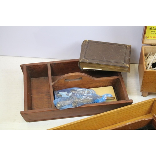 435 - White enamel bread bin, Victorian CDV empty album, three wooden trays / cutlery trays, gladstone sty... 