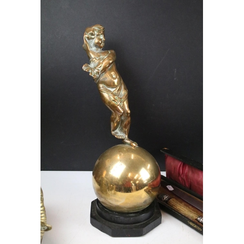 451 - Group of mixed collectables to include a bronze figure of a cherub atop an orb (approx 41cm high), b... 