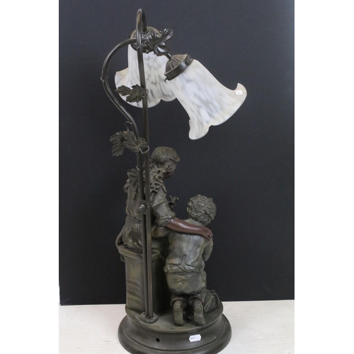 457 - Early 20th Century bronzed resin table lamp titled ' Confidence ' depicting a young boy and his moth... 