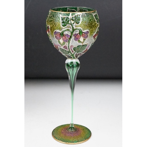 16 - Set of three Violeta Markovic Art Nouveau style tall wine glasses, with tube lined and enamelled dec... 