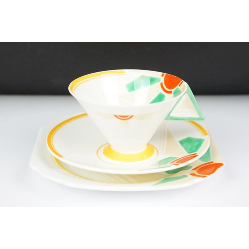 2 - Shelley Art Deco Vogue Sunray pattern trio, comprising: teacup, saucer and tea plate, in red, orange... 