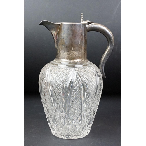 22 - Cut glass claret jug, with silver mounts, hallmarked London, 1903, 22cm high, a cut glass decanter w... 