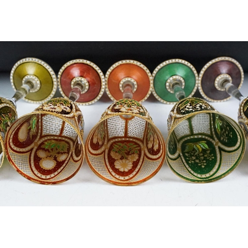 24 - Set of five Violeta Markovic wine glasses, with tube lined and enamelled decoration, each 21cm high