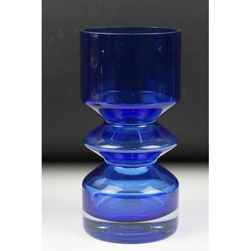 28 - Riihimaki blue glass vase by Tamara Aladin, 20cm high together with Riihimaki amber glass hooped vas... 