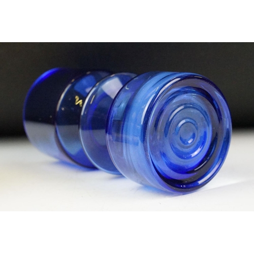 28 - Riihimaki blue glass vase by Tamara Aladin, 20cm high together with Riihimaki amber glass hooped vas... 