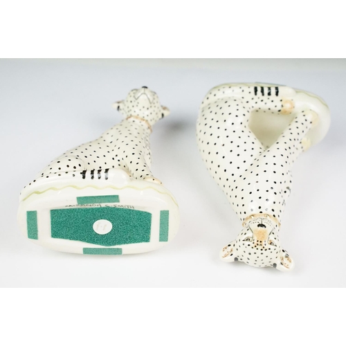 4 - Miranda C Smith, pair of hand painted cheetahs in the manner of Staffordshire Pottery, each signed b... 