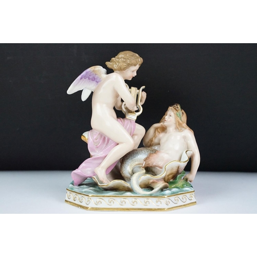 5 - Meissen figure of an angel playing a lyre and a mermaid, blue crossed swords mark to base, incised n... 