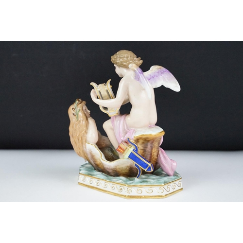 5 - Meissen figure of an angel playing a lyre and a mermaid, blue crossed swords mark to base, incised n... 