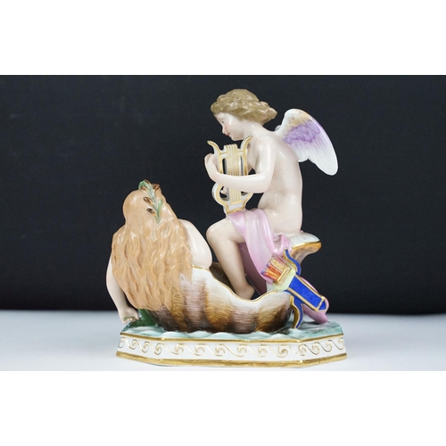 5 - Meissen figure of an angel playing a lyre and a mermaid, blue crossed swords mark to base, incised n... 