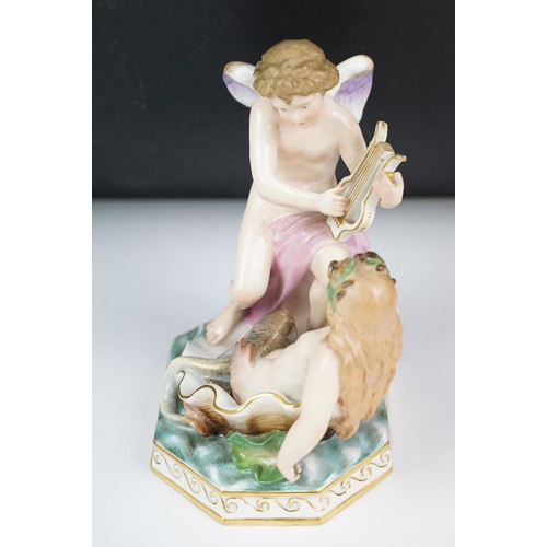 5 - Meissen figure of an angel playing a lyre and a mermaid, blue crossed swords mark to base, incised n... 