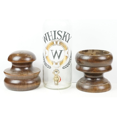 100 - Glass & wooden whisky drinks dispenser, raised on a turned wooden foot, approx 38cm tall