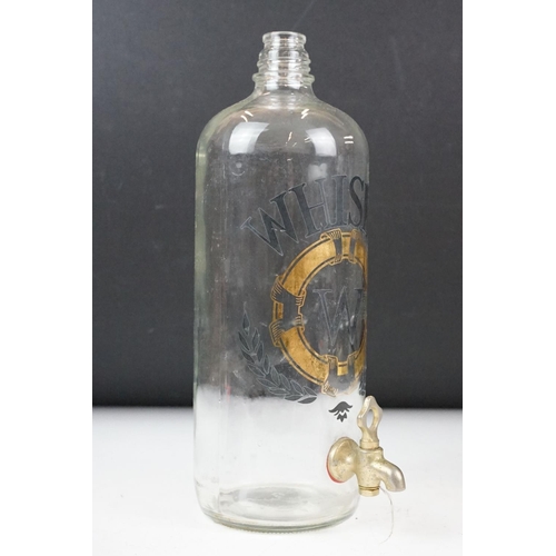 100 - Glass & wooden whisky drinks dispenser, raised on a turned wooden foot, approx 38cm tall