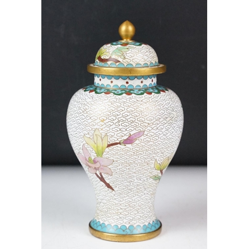 103 - Chinese white ground cloisonne lidded vase of inverted baluster form, with floral decoration, approx... 