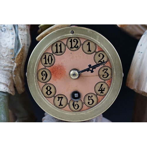 107 - Early 20th century 'Theatre Gringalet' cold painted clock garniture in the form of a theatre with it... 