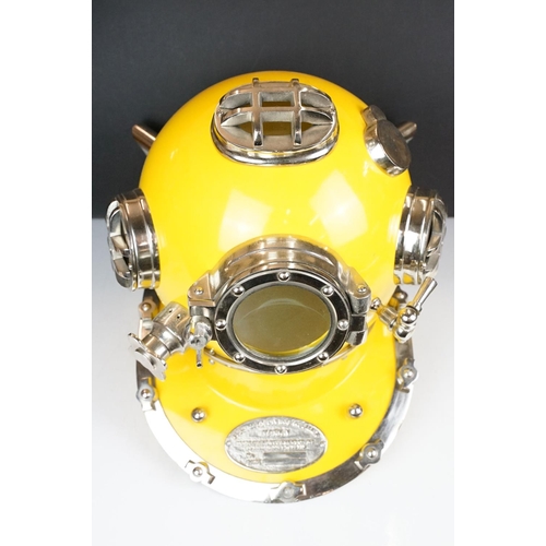 112 - Reproduction US Navy Diving Helmet, for decorative purposes, bright yellow finish, plaque to front r... 