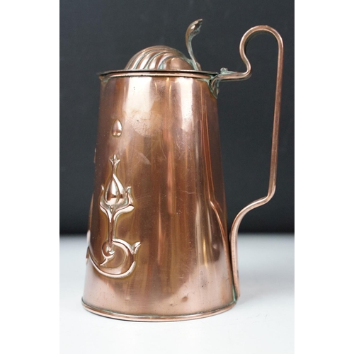 117 - Art Nouveau / Arts & Crafts Joseph Sankey & Sons Copper Lidded Hot Water Jug with embossed stylised ... 