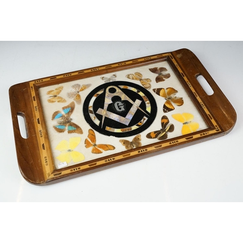 119 - Early 20th century inlaid wooden tray with butterfly specimens and masonic butterfly wing emblem to ... 