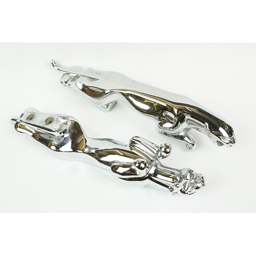 185 - Two chrome jaguar car mascots, together with two miniature chrome jaguars and a black resin jaguar (... 