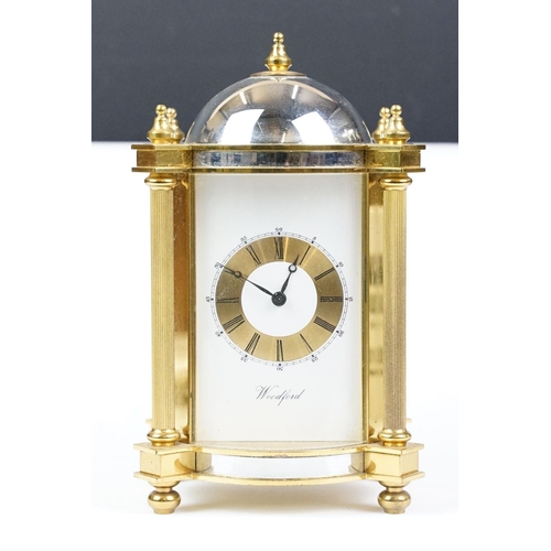 188 - 20th century Woodford brass chiming mantel clock of architectural form, with gilt chapter ring and b... 