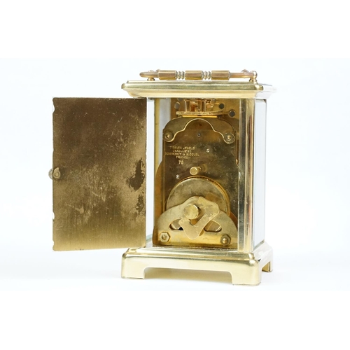 191 - French ' Bayard ' 8 Day Carriage Clock in gilt metal case with three bevelled glass panels, 15cm hig... 