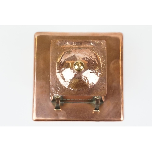 197 - Arts and Crafts Copper Square Inkwell, the hinged lid opening to a ceramic inkwell, pen hooks to sid... 