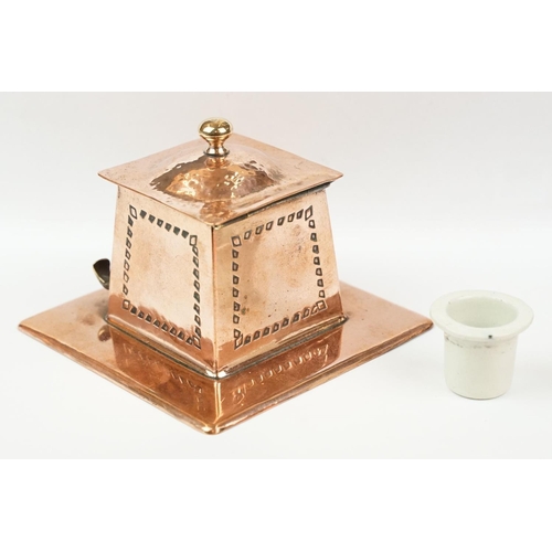 197 - Arts and Crafts Copper Square Inkwell, the hinged lid opening to a ceramic inkwell, pen hooks to sid... 