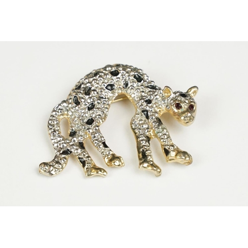 239 - Two Large Enamel and Crystal Brooches in the form of Leopards, largest 8cm long marked LP