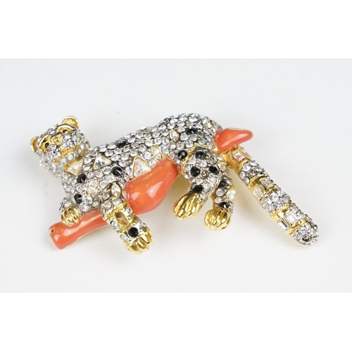 239 - Two Large Enamel and Crystal Brooches in the form of Leopards, largest 8cm long marked LP