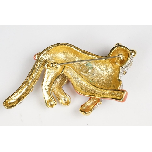 239 - Two Large Enamel and Crystal Brooches in the form of Leopards, largest 8cm long marked LP