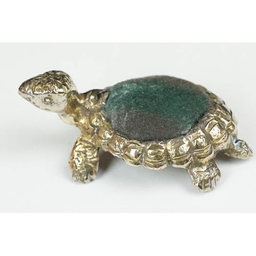 240 - Vintage White Metal Pin Cushion in the form of a Tortoise