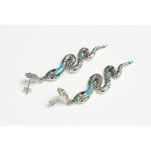 254 - A pair of ladies silver and enamel drop earrings in the form of snakes, marked 925