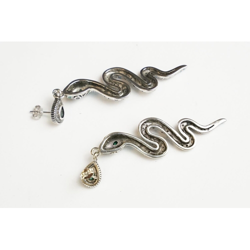 254 - A pair of ladies silver and enamel drop earrings in the form of snakes, marked 925