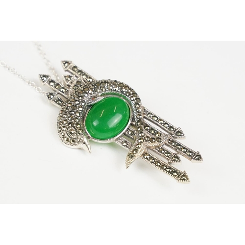 259 - Silver and marcasite pendant necklace brooch set with jade cabachon