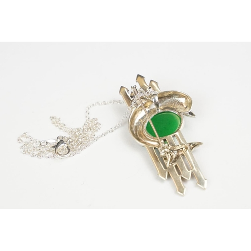 259 - Silver and marcasite pendant necklace brooch set with jade cabachon