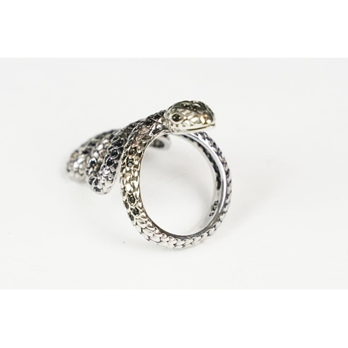 276 - A ladies silver dress ring in the the form of a snake, marked 925 to the inner shank.