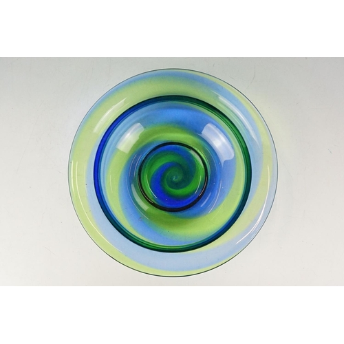 46 - Stevens & Williams blue and green art glass circular bowl , ground pontil to base, approx 27cm diame... 