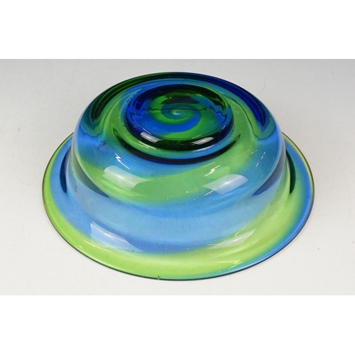 46 - Stevens & Williams blue and green art glass circular bowl , ground pontil to base, approx 27cm diame... 