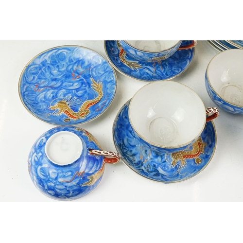 50 - Japanese Kutani porcelain tea set for six with enamelled dragon decoration