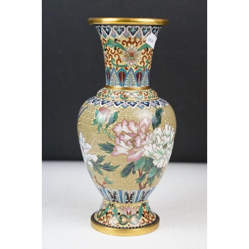 136 - Pair of Chinese cloisonne vases of baluster form, with floral decoration on an olive green ground, r... 