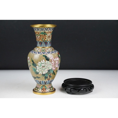 136 - Pair of Chinese cloisonne vases of baluster form, with floral decoration on an olive green ground, r... 