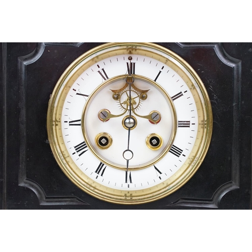 137 - Victorian slate & marble mantel clock, the open skeleton dial with Roman numerals, measures approx 2... 