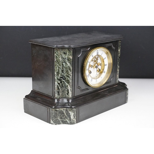 137 - Victorian slate & marble mantel clock, the open skeleton dial with Roman numerals, measures approx 2... 