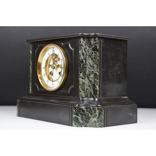 137 - Victorian slate & marble mantel clock, the open skeleton dial with Roman numerals, measures approx 2... 