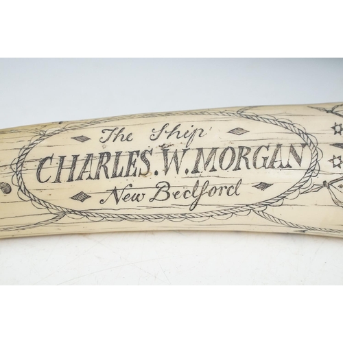 138 - Faux scrimshaw resin whale tooth carved with 'The Ship - Charles W. Morgan - New Bedford', approx 58... 