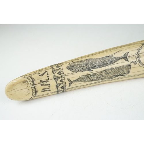 138 - Faux scrimshaw resin whale tooth carved with 'The Ship - Charles W. Morgan - New Bedford', approx 58... 