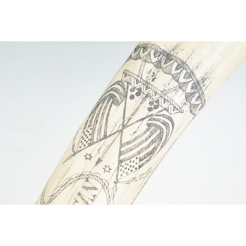 138 - Faux scrimshaw resin whale tooth carved with 'The Ship - Charles W. Morgan - New Bedford', approx 58... 