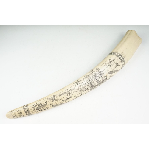 138 - Faux scrimshaw resin whale tooth carved with 'The Ship - Charles W. Morgan - New Bedford', approx 58... 