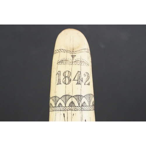 138 - Faux scrimshaw resin whale tooth carved with 'The Ship - Charles W. Morgan - New Bedford', approx 58... 