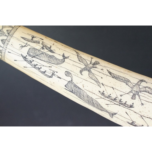 138 - Faux scrimshaw resin whale tooth carved with 'The Ship - Charles W. Morgan - New Bedford', approx 58... 